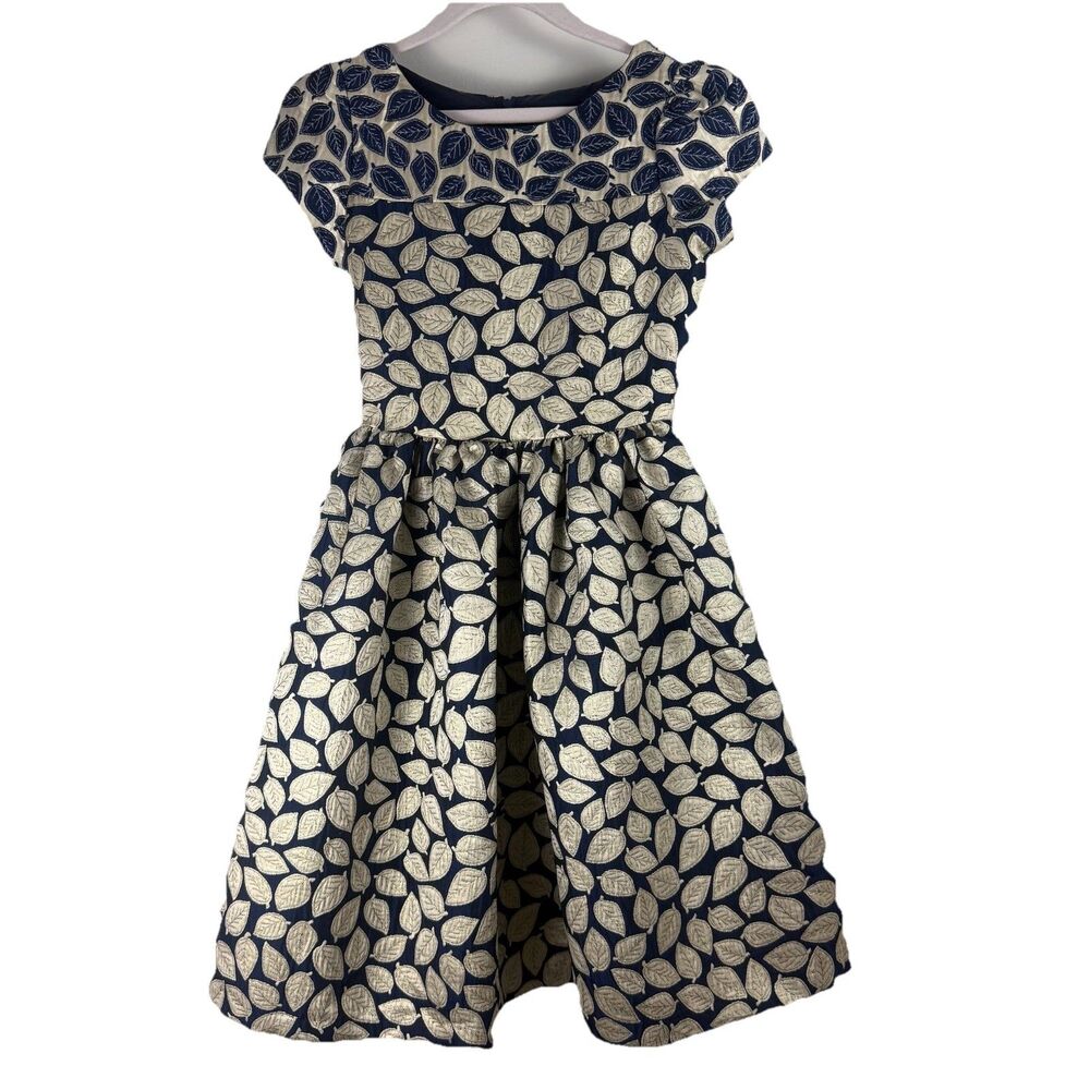 Rare Editions Navy Gold Leaf Fit & Flare Dress